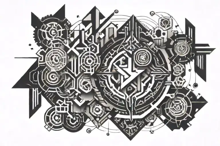 An Abstract Tattoo Design Featuring A Mix Of Tech Symbols And Tribal Patterns