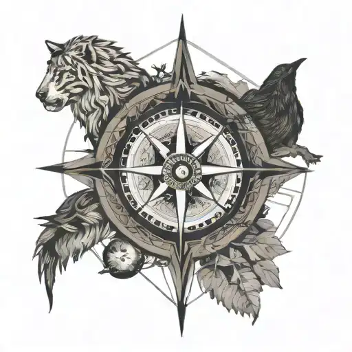 An Intricate Compass Tattoo With Animal Silhouettes Representing Different Travel Destinations