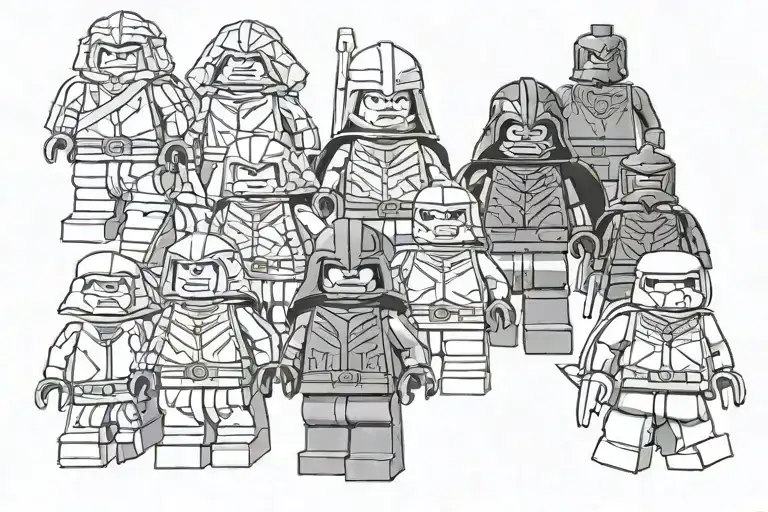 10 Lego Figures From Super Hero Marver Dc Stargate Frenchise Walking After Each Other In A Line