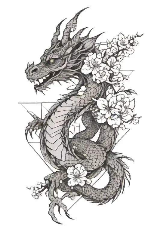Dragon With Sakura Flowers And Geometry Best Quality