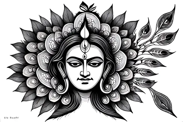 Lord Shiva Trishul With Lord Kirshna Peacock Leaf