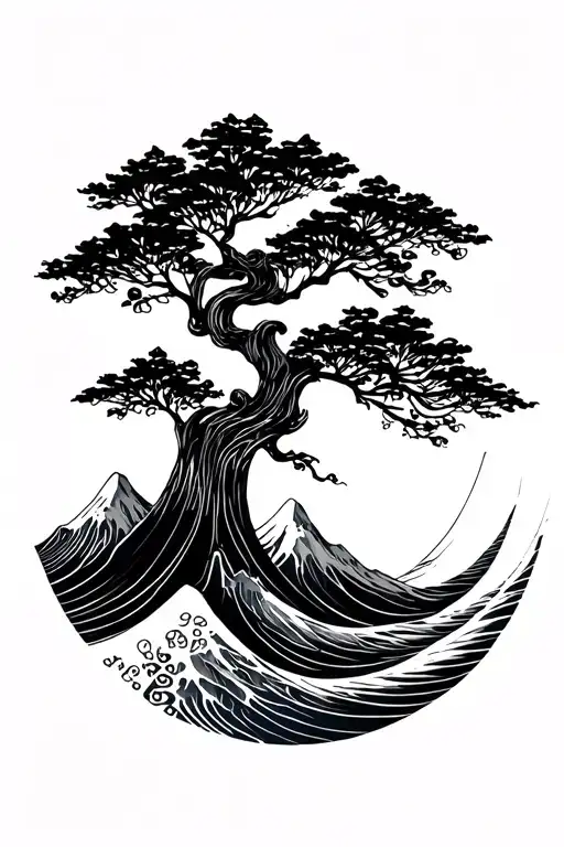 Wave With Mountains And Floral Geometric Tree With Number