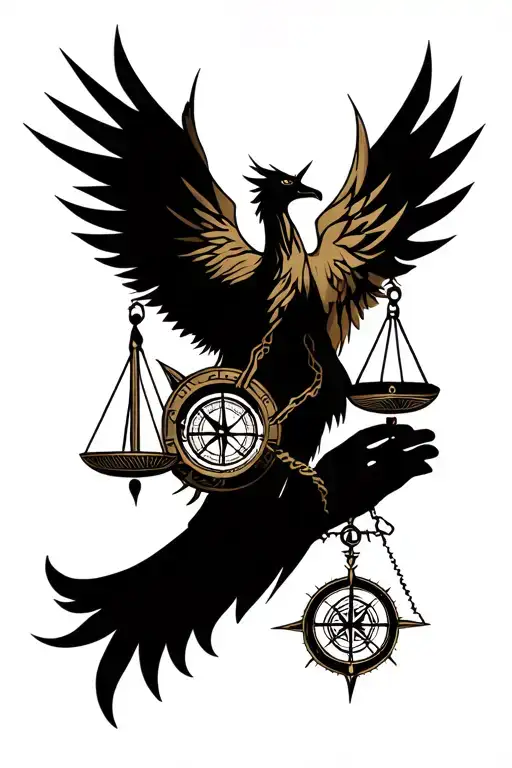 Phoenix With Compass And Scales With Cyberpunk Style Man On Forearm