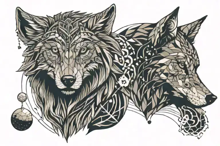 Wolf Head With Ornament With Planets Floating Gracefully