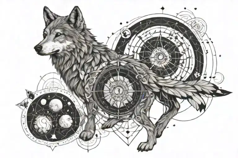 Wolf Surrounded By Planets And Compass