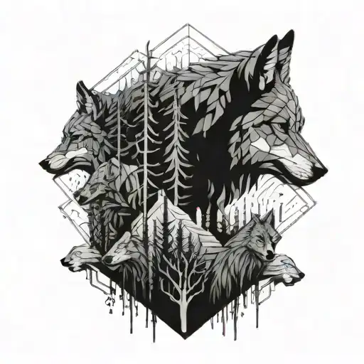 Burning Forest With A Pack Of Wolfs Walking Along