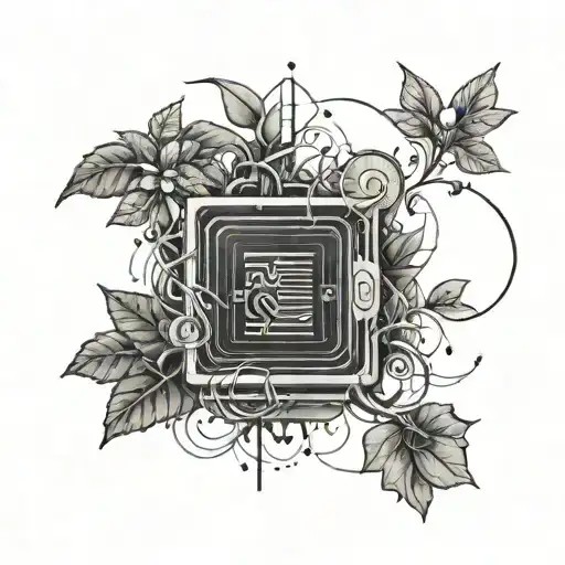 A Black-grey Tattoo Of A Computer Coding Symbol With Vines And Flowers Growing Around It