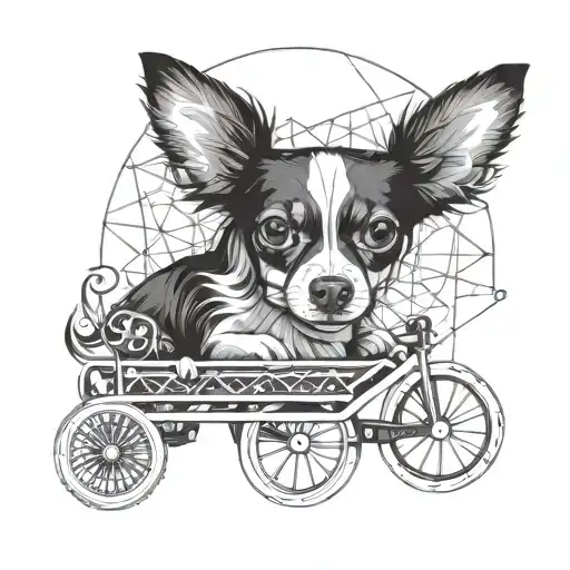 Black And White Chihuahua Girl With Long Hair And Wheels Instead Of Hind Legs