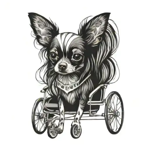 Black And White Chihuahua Girl With Long Hair In A Wheelchair
