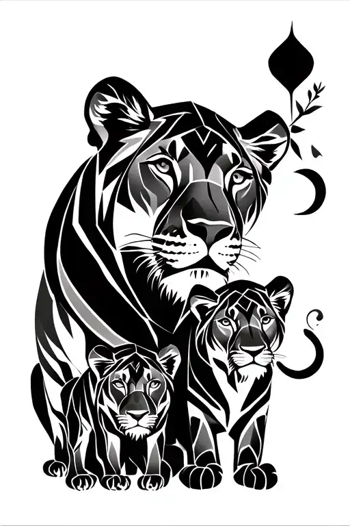 Lioness And Two Lion Cubs