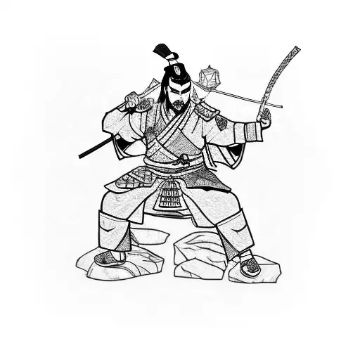 Samurai With Katana Stands On Rock