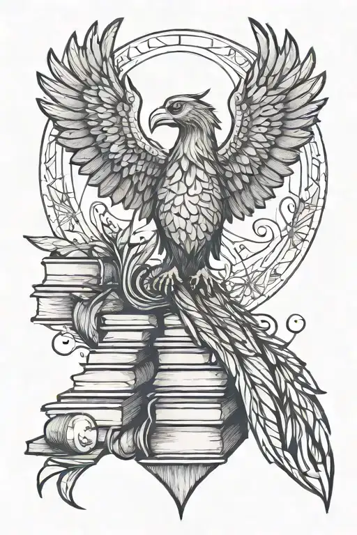A Stack Of Books Morphing Into A Phoenix With A Moon In The Background