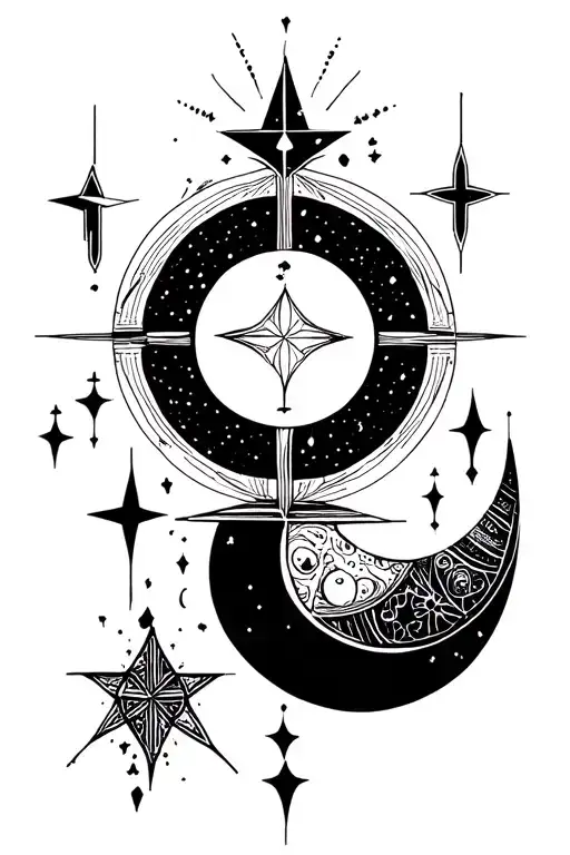 Shaded Moon And Stars In A Circle