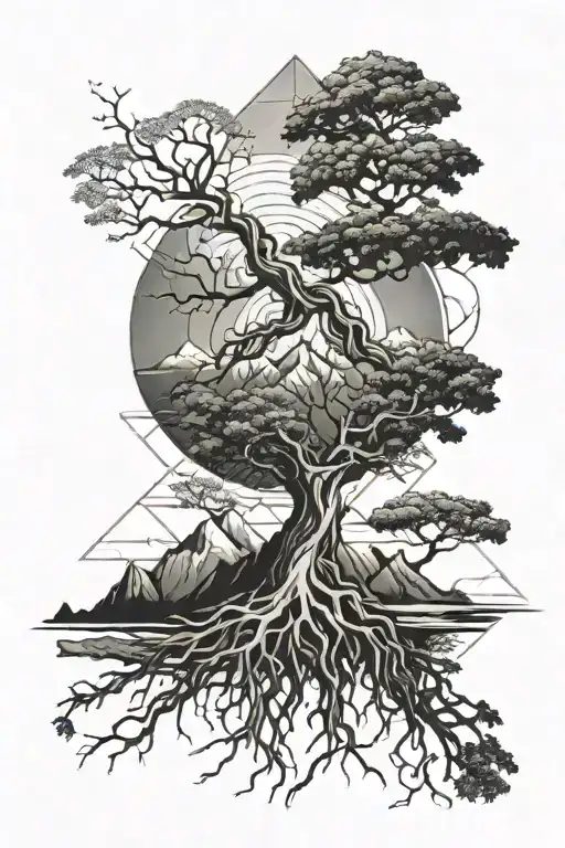 Tree And Roots With A Mountain Background And Space