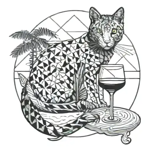 A Blackwork Tattoo Of A Cat Lounging On A Tropical Beach With A Glass Of Wine In Hand