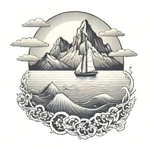 Small Tattoo Ocean With A Tiny Boat Mountains And Sumset In Background