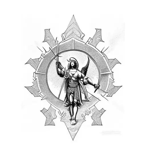 A Stylized Tattoo Representing The Archangel Michael Fighting Evil In Classic Art