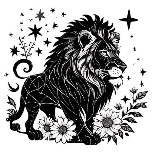A Lion Surrounded By Stars And Flowers Growing