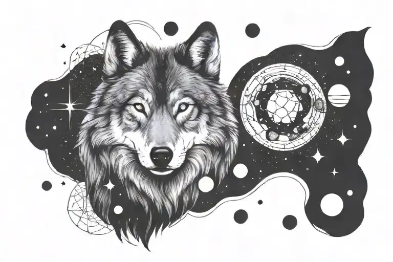Wolf In Cosmos Surrounded By Planets
