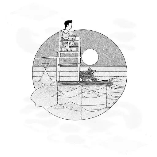 Men And Small Dog Sitting On Pier Looking On Sunset