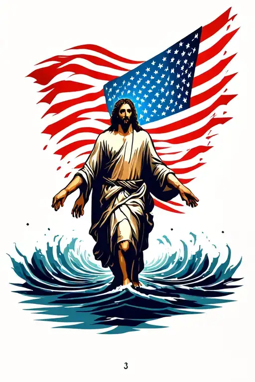 America Flag Country And Jesus Walking On Water