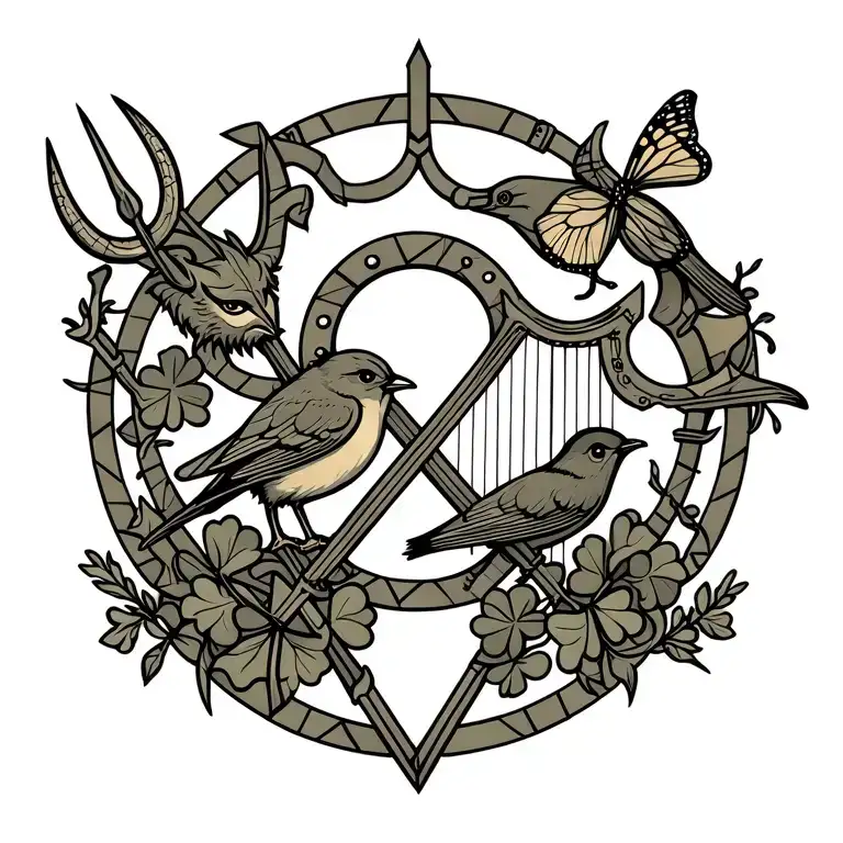 A Devil With Trident And A Robin Bird And A Butterfly And A Shamrock And A Harp And Horseshoe