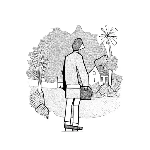 Outline Of Man Walking Down Old Country Road In The 70'S With An Old Land Rover In The Back