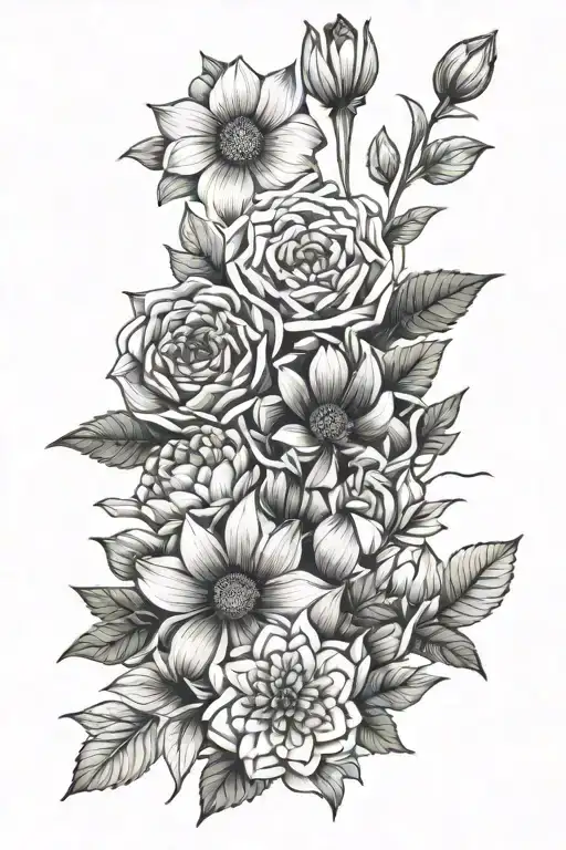 Birth Month Flower Bouquet Tattoo Design Featuring