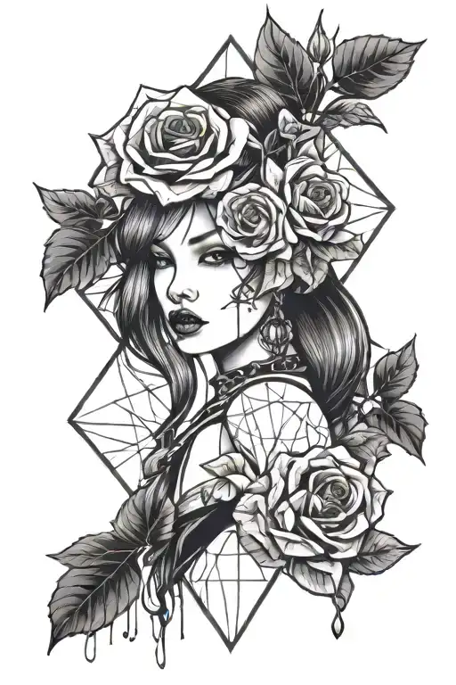 A Tattoo Design Of A Girl With A Kpop Inspired Hairstyle Holding A Bloody Rose