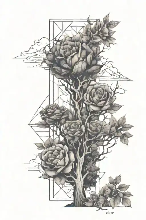 Mountain Range With Trees And A Rose