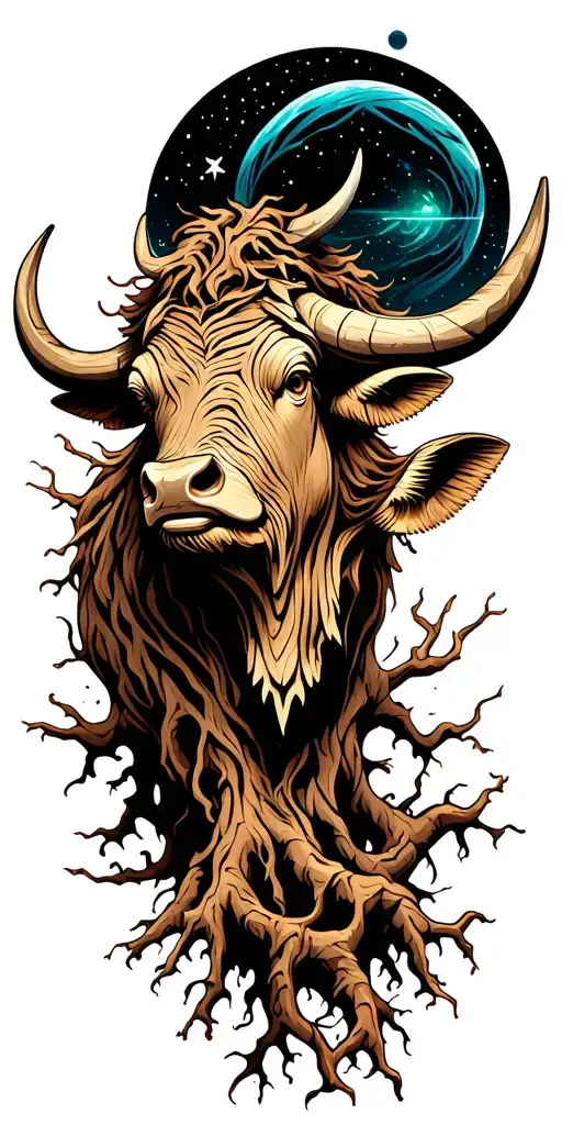 Wood Ox Head With Tree Roots Growing Through Space With Neptune In The Background