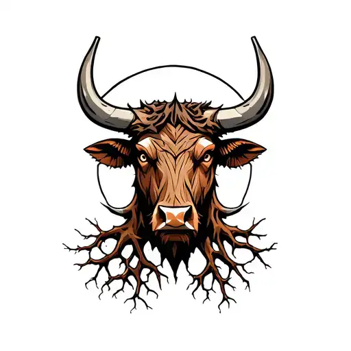 Wood Ox Head With Tree Roots With Neptune In The Background