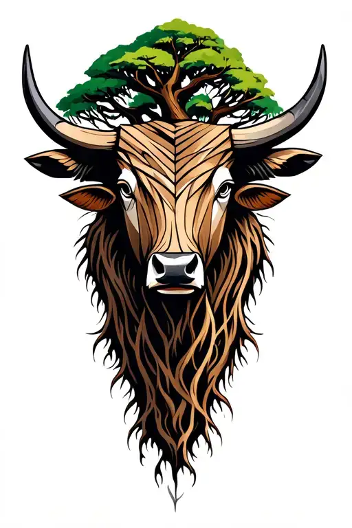Wood Ox Head With Tree Roots And A Willow Tree