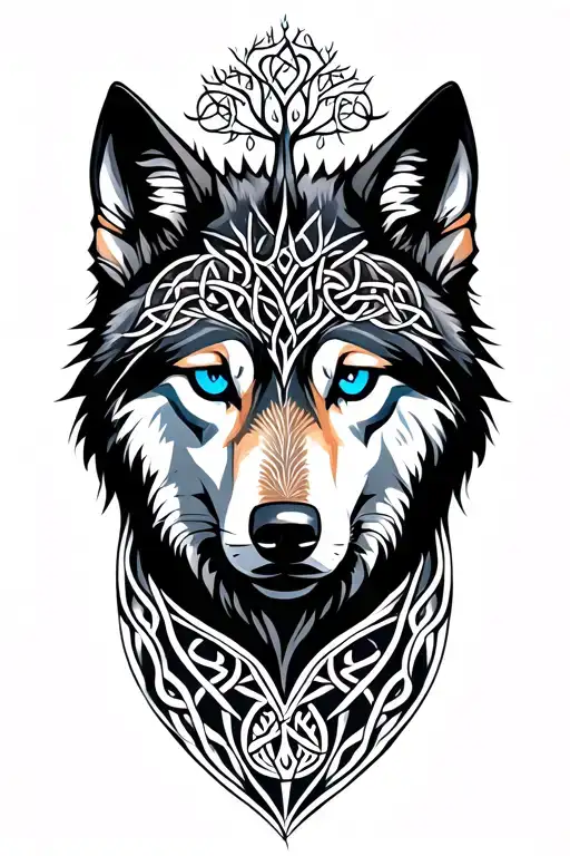 Wolf With Blue Eyes Featuring Celtic Tree Of Life Intertwined