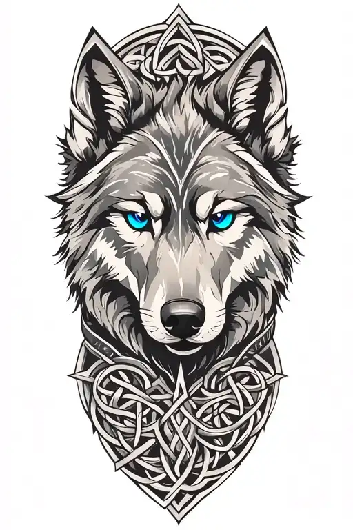 Wolf With Blue Eyes On Armor Tattoo Design Featuring Celtic Trinity Knot