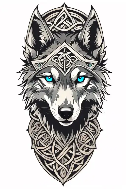 Wolf With Blue Eyes On Armor Tattoo Design Featuring Celtic Trinity Knot