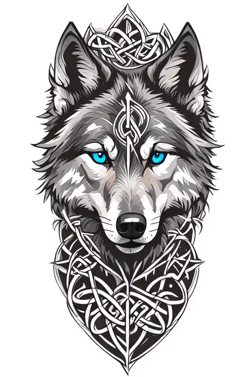 Wolf With Blue Eyes Featuring Celtic Trinity Knot Clock