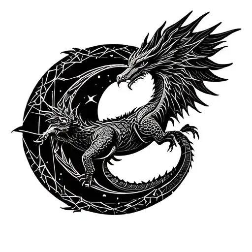 A Dragon And A Phoenix Around A Moon