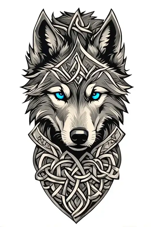 Wolf With Blue Eyes On Armor Tattoo Design Featuring Celtic Trinity Knot