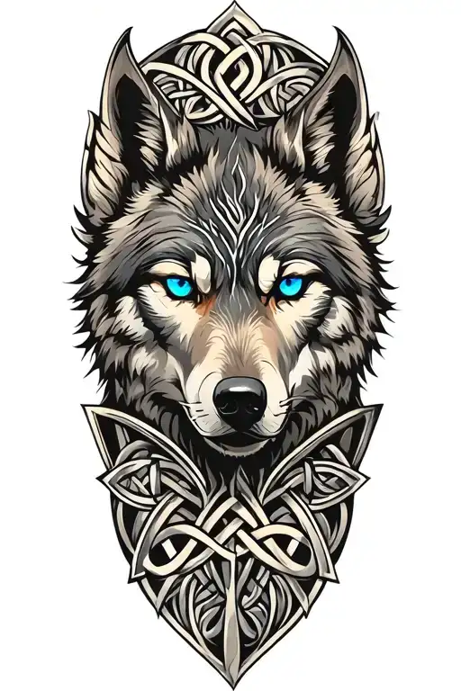 Wolf With Blue Eyes On Armor Tattoo Design Featuring Celtic Trinity Knot