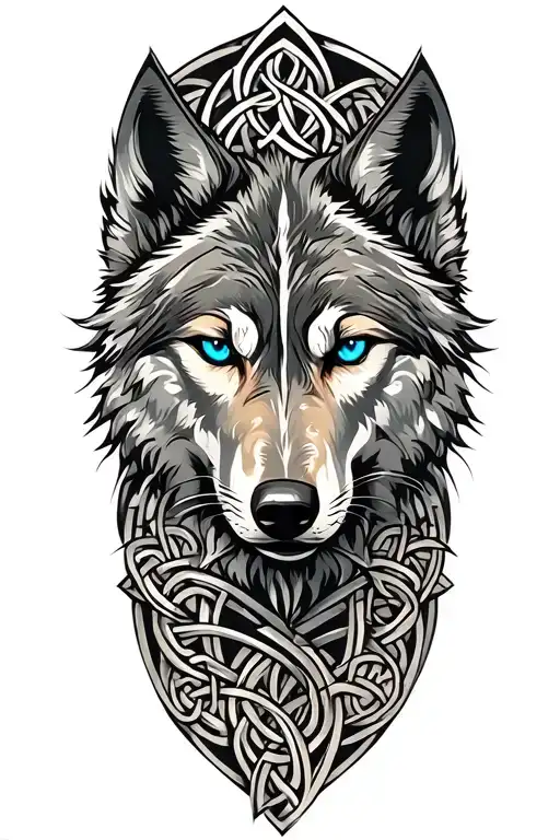 Wolf With Blue Eyes On Armor Tattoo Design Featuring Celtic Trinity Knot