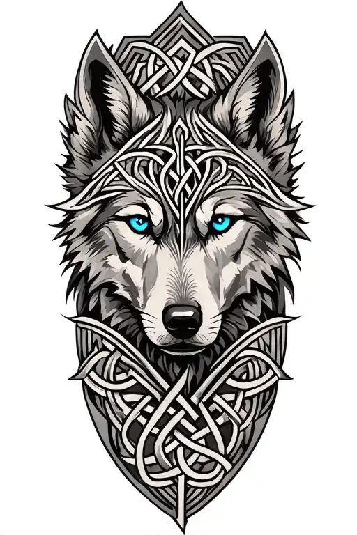 Wolf With Blue Eyes On Armor Tattoo Design Featuring Celtic Trinity Knot