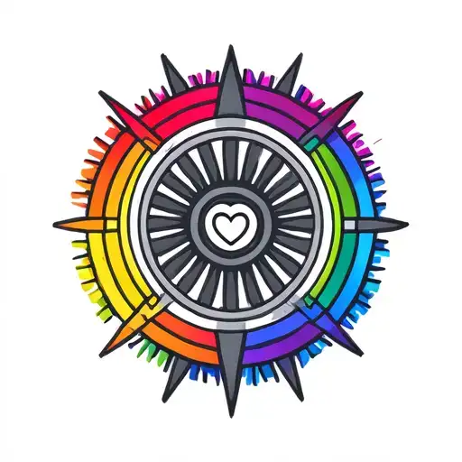 Nordic Sunwheel In Grey With A Colourful Rainbow Around It And A Heart In The Middle