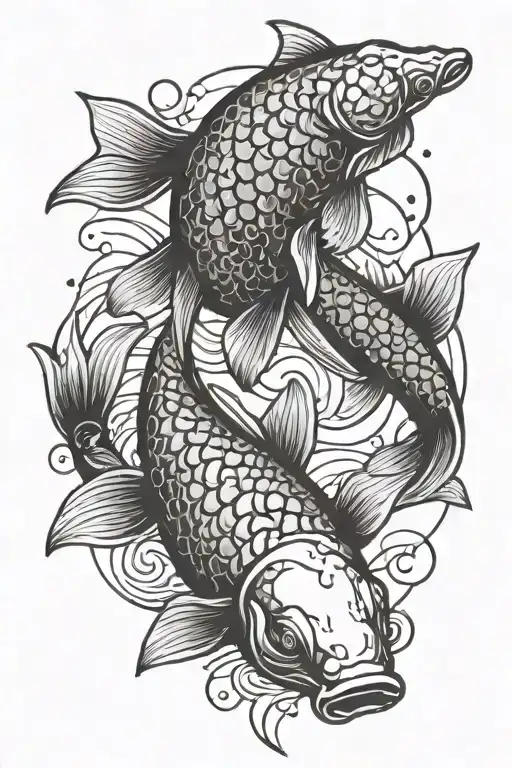 Black Color Sketch Style Koi Fish Tattoo Featuring