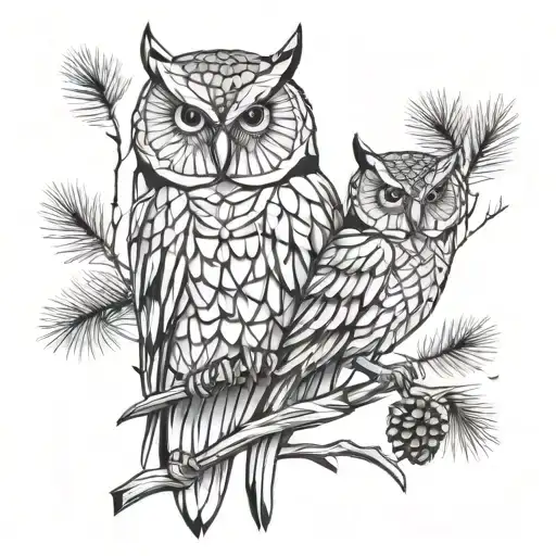 Owl And Owlet Twig Of Pine Needles With Cones