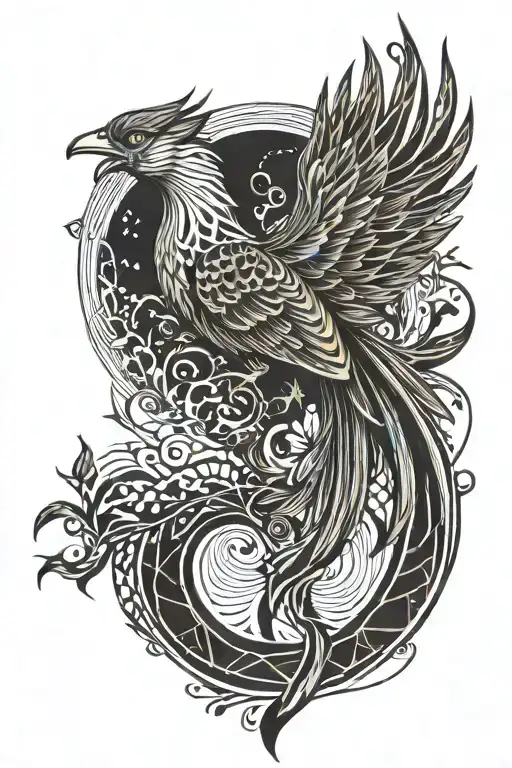 Phoenix With Waves And Tree Of Growth Intertwined