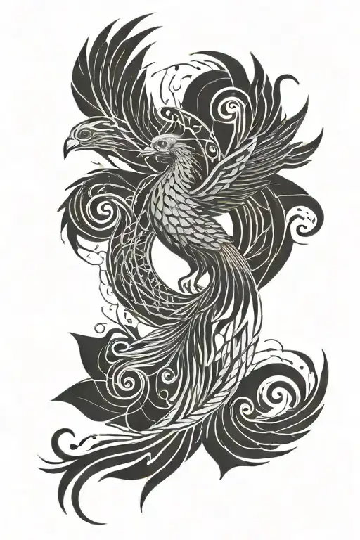 Phoenix Flying With Wave Shapes And Tree Of Growth
