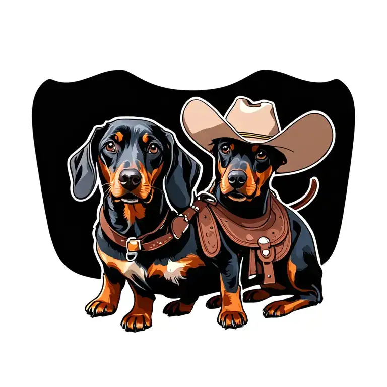 Black Weiner Dog With Cowboy Hat And Saddle Adorned