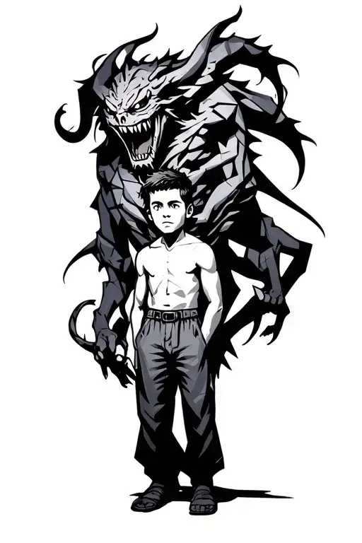 A Boy Standing With A Scary Demon Towering Behind And Wrapped Around Him