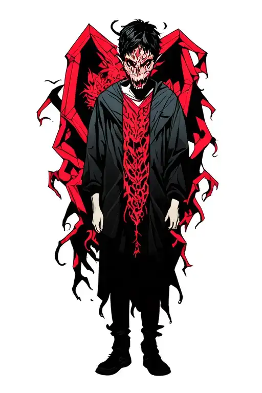 A Boy Standing With A Scary Demon Wrapped Around Him